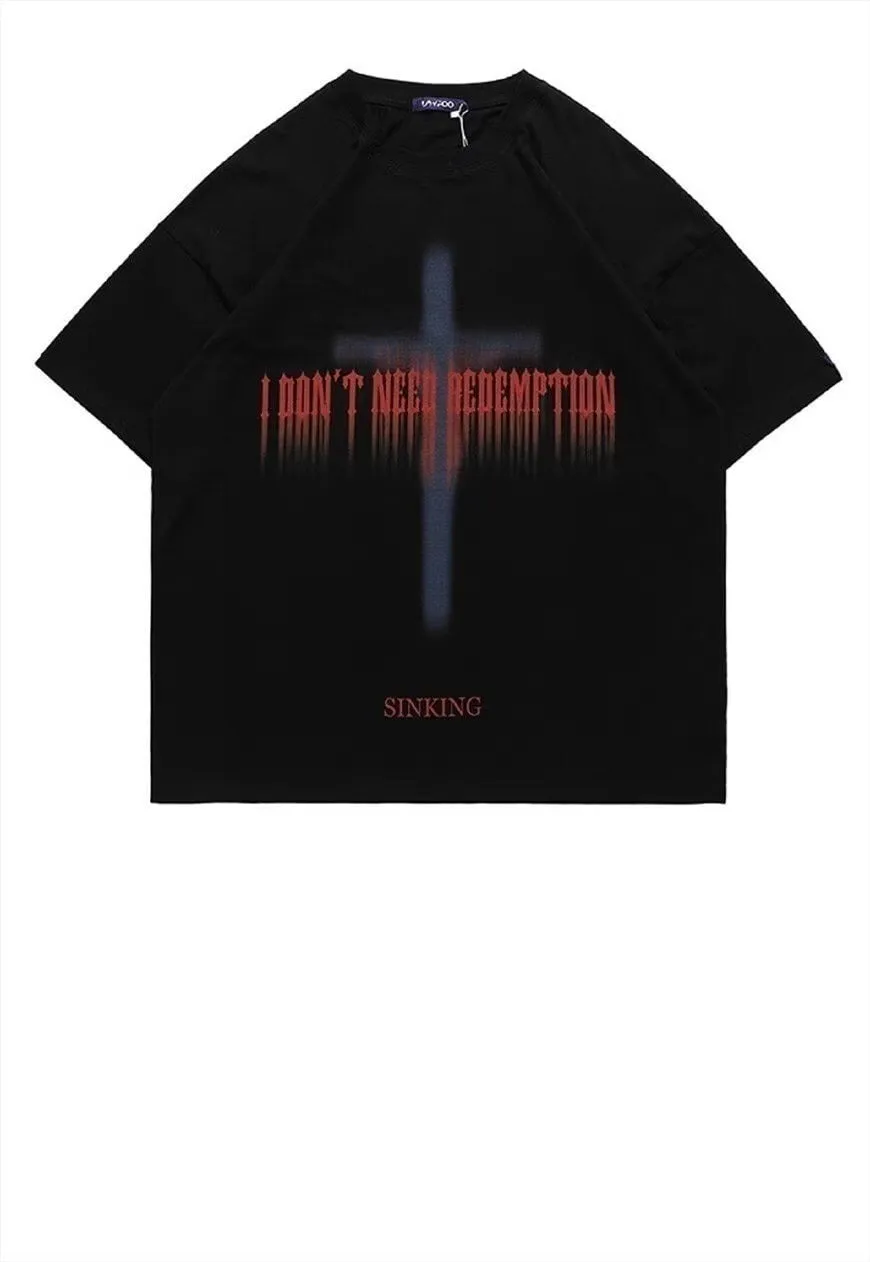 Cross print t-shirt grunge tee Gothic slogan top in Black