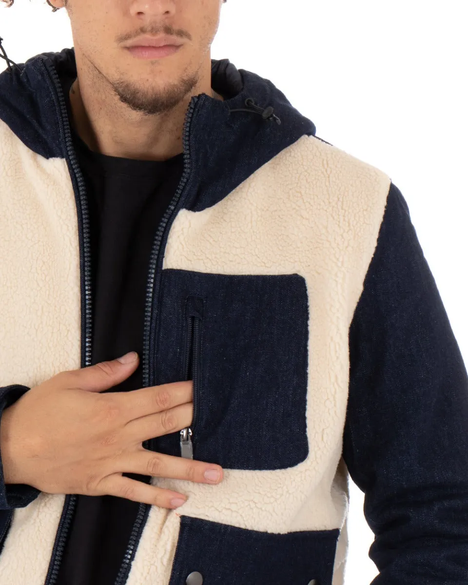 Giubbotto Uomo Giacca Denim Blu Pelliccia Teddy Cappuccio GIOSAL-G2611A