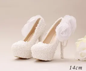 Pointed Toe Lace Pearls Wedding Shoes With Handmade Flowers, S033