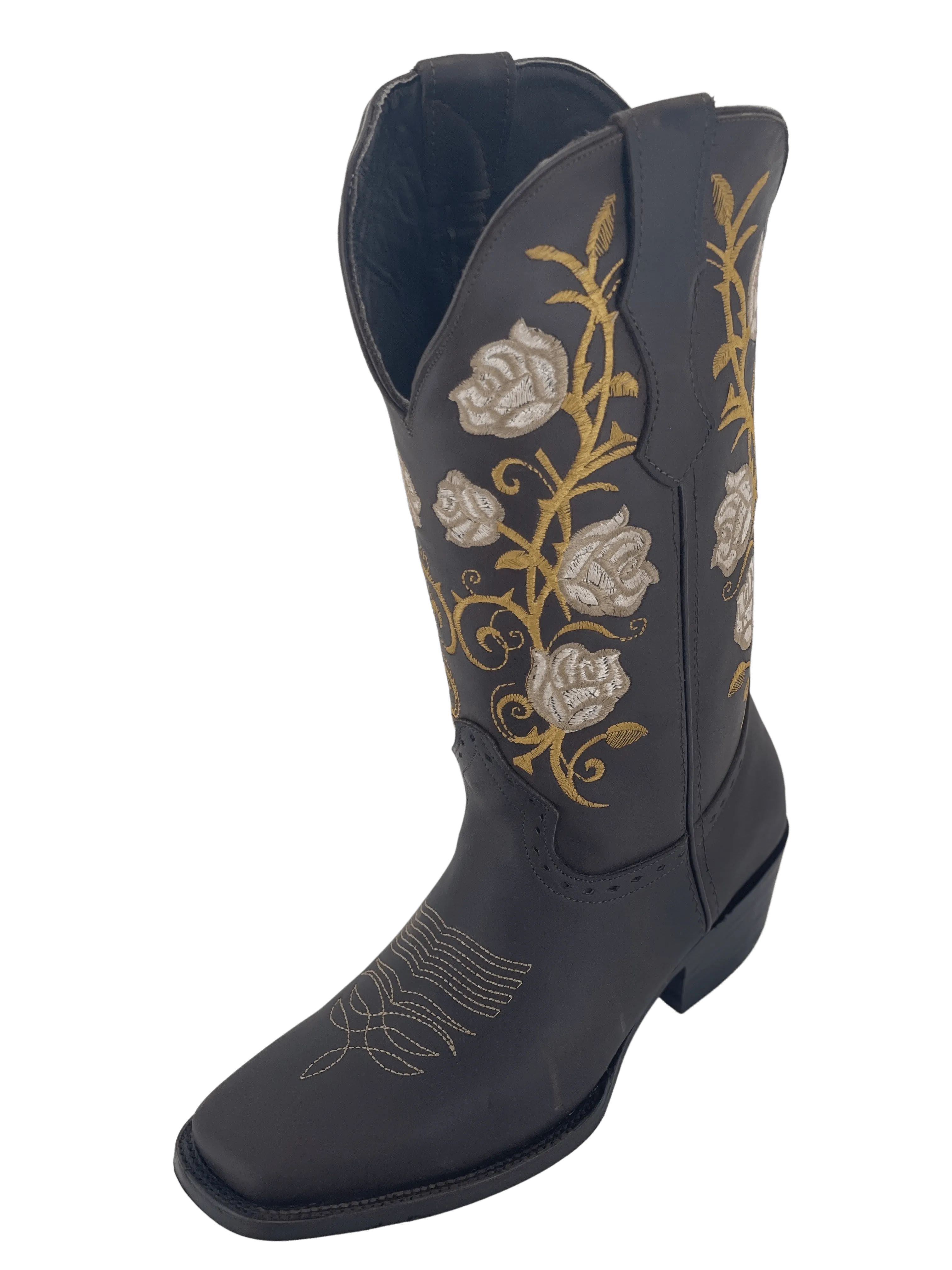 Women’s Brown with Brown and Golden Flowers Square Toe Rodeo Boot