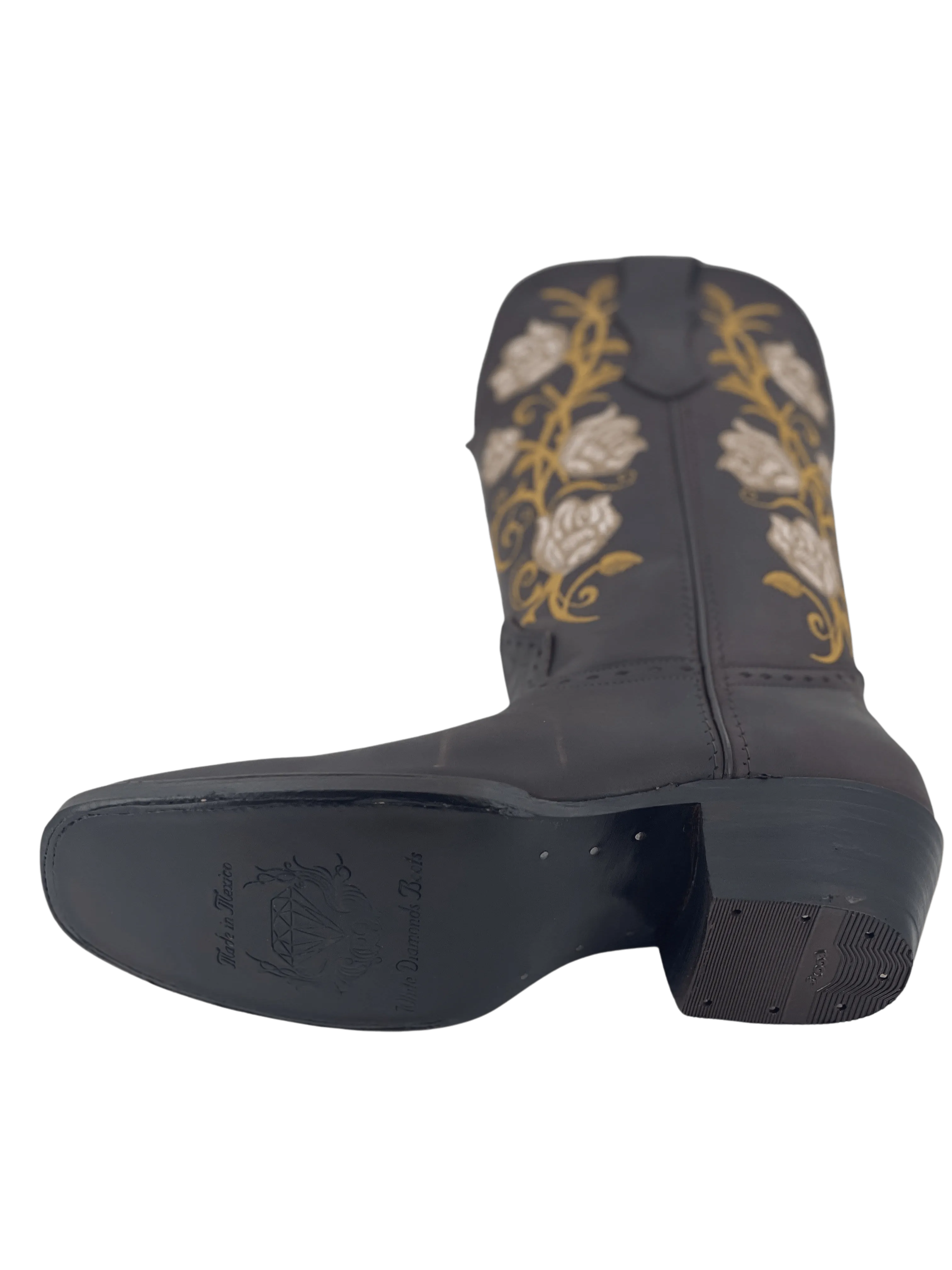 Women’s Brown with Brown and Golden Flowers Square Toe Rodeo Boot