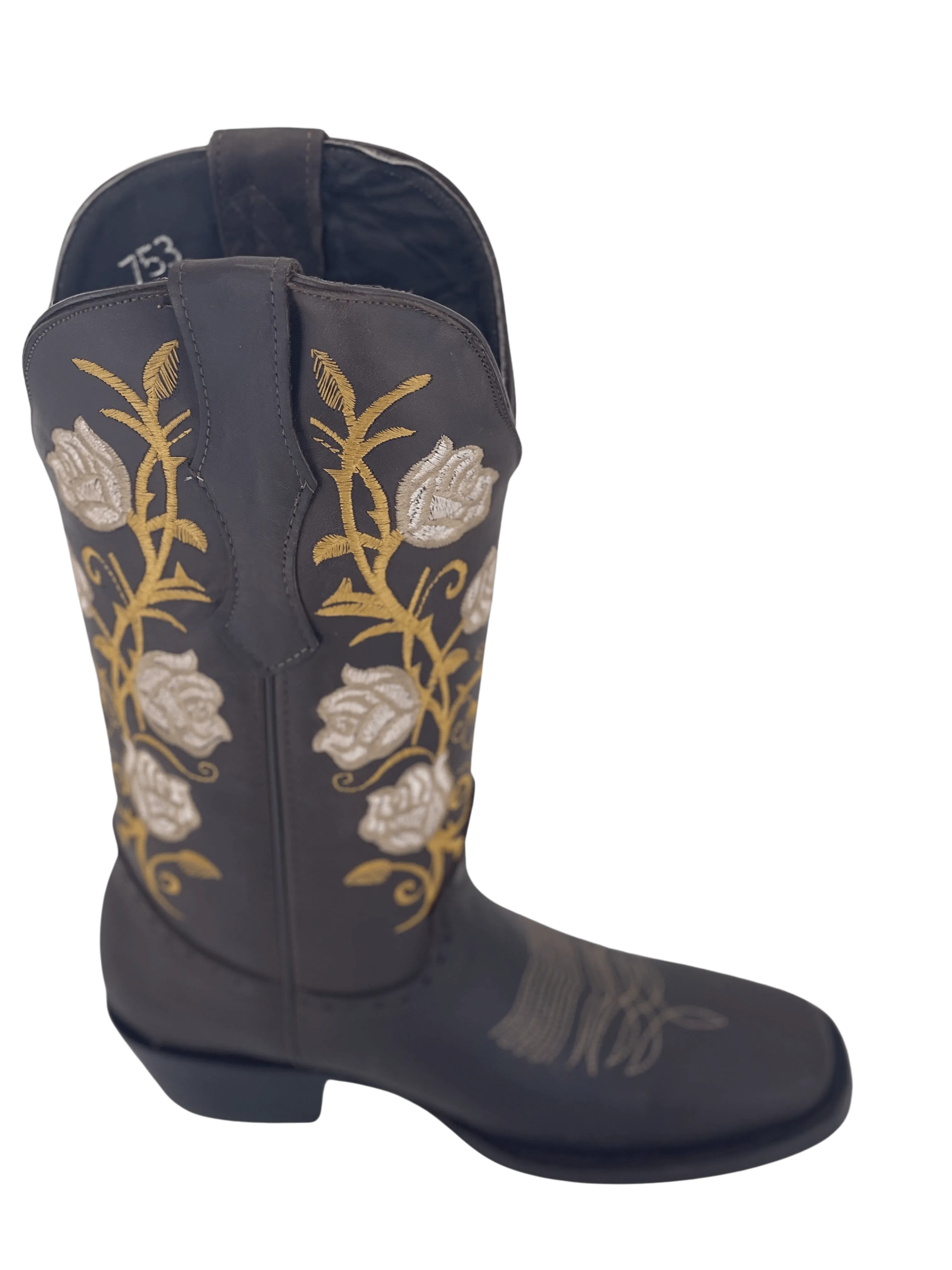 Women’s Brown with Brown and Golden Flowers Square Toe Rodeo Boot
